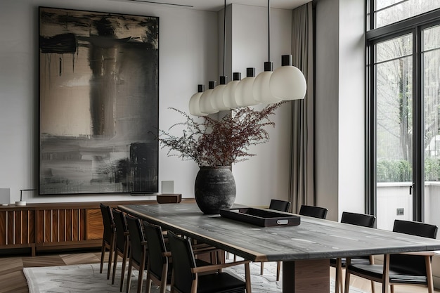 Vector luxury modern dining room layout with white walls and an art display in the style of dark black