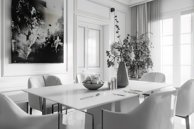 Vector luxury modern dining room layout with white walls and an art display in the style of dark black