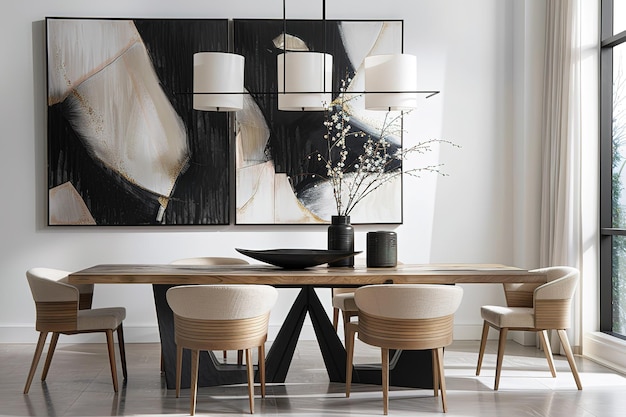 Vector luxury modern dining room layout with white walls and an art display in the style of dark black