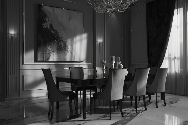 Luxury modern dining room layout with white walls and an art display in the style of dark black