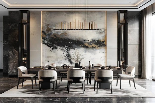 Vector luxury modern dining room layout with white walls and an art display in the style of dark black