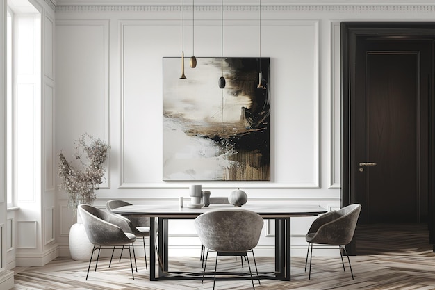 Vector luxury modern dining room layout with white walls and an art display in the style of dark black