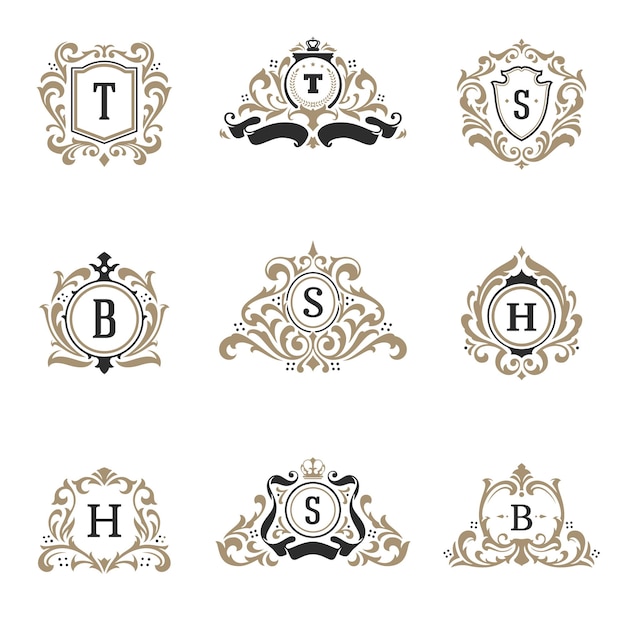 Luxury monograms logos templates vector objects set for logotype or badge design