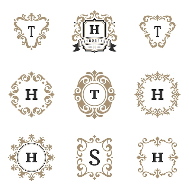 Luxury monograms logos templates vector objects set for logotype or badge design