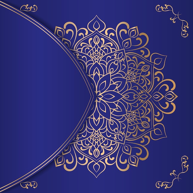 Luxury ornamental mandala design background in gold color and blue color background.