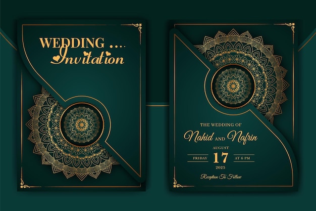 Luxury ornamental mandala wedding invitation card with golden arabesque Arabic Islamic background