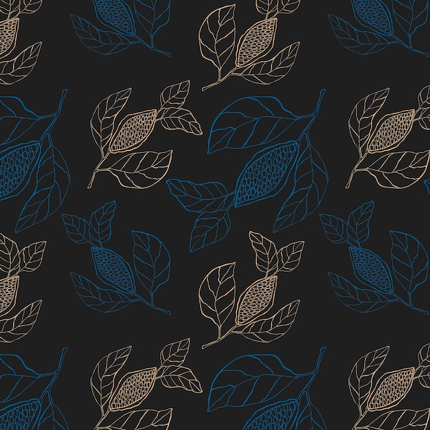 Luxury pattern dark blue and gold cocoa branch contour doodle .