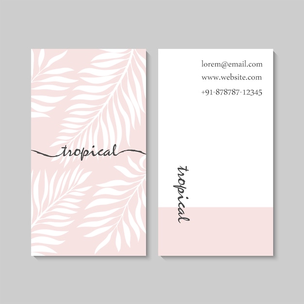 Luxury Pink Business Card Template With Tropical Leaves.