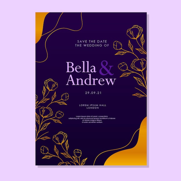 LUXURY PURPLE HAND DRAWN FLORAL ELEGANT WEDDING INVITATION TEMPLATE