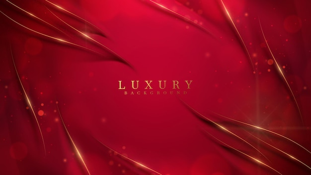 Luxury red color background with golden line elements and curve light effect decoration and bokeh