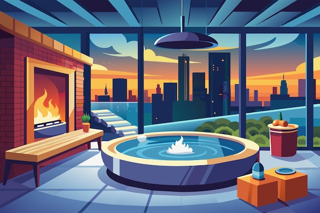 Vector luxury rooftop hot tub with city skyline view at sunset