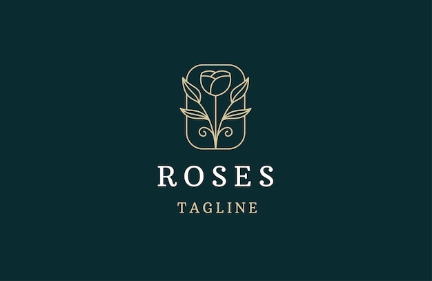 Luxury rose flower with line art style logo design template