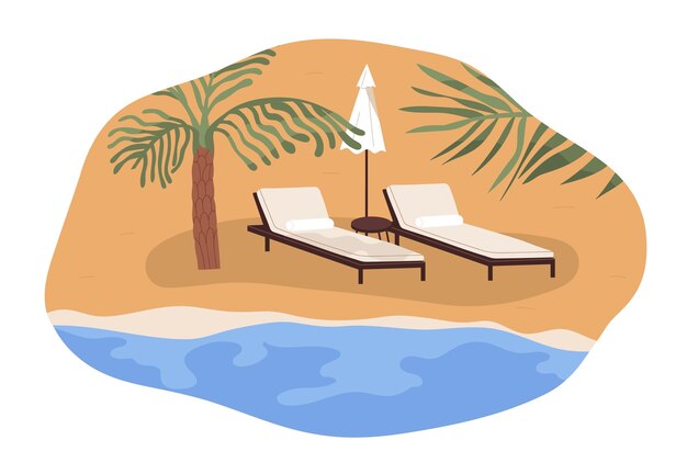 Vector luxury sand beach, sea resort with two chaise longues, deck chairs. private premium seacoast with empty personal sunbeds and umbrella in summer. flat vector illustration isolated on white background