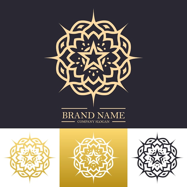 Luxury simple mandala logo design in gold color with star or floral line art concept