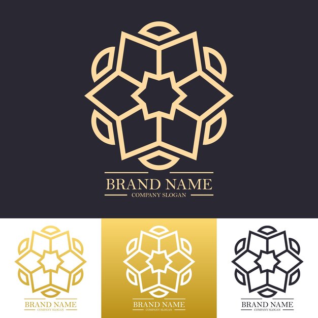 Luxury vector logo design with golden color and twisted mandala snowflake line art concept