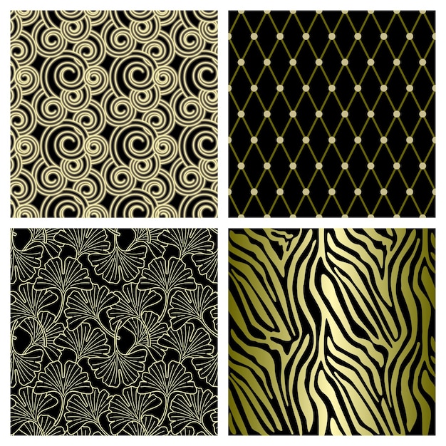 Luxury vector seamless patterns set. Golden ornaments on black background.