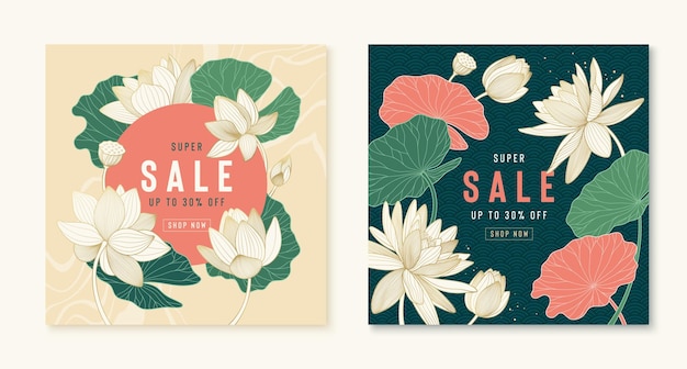 Luxury vector super sale banners with golden lotus and leaves