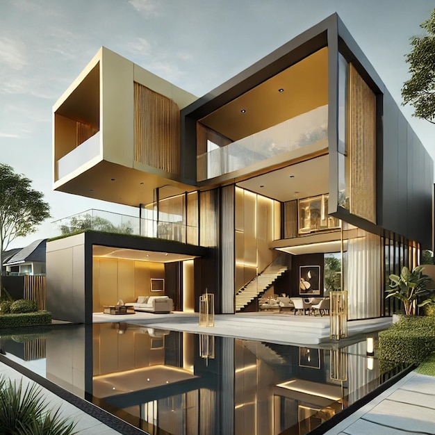 Vector luxury villa with floating architecture and infinity pool