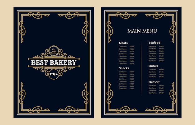 Luxury vintage bakery shop food menu card template cover with logo for hotel cafe bar coffee shop