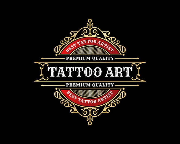 Luxury vintage tattoo studio emblem badge logo design with decorative ornamental flourish  frame