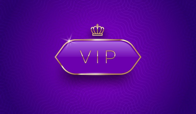 Luxury Vip glass label with golden crown and frame on a violet pattern background