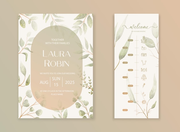 Luxury wedding invitation card background with green watercolor botanical leaves floral art