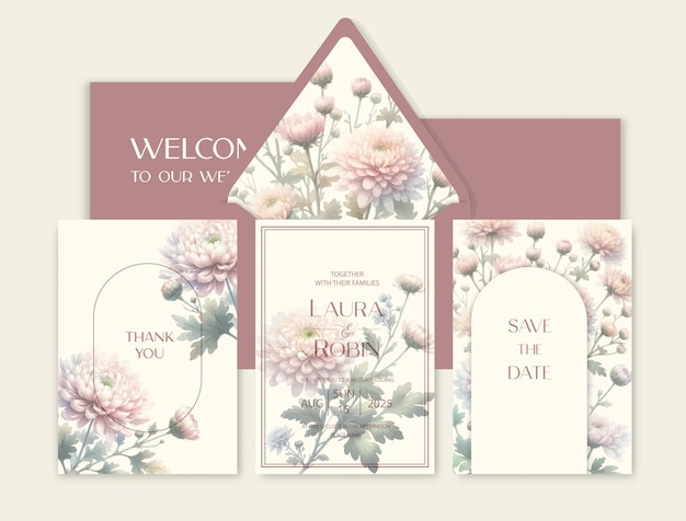 Luxury wedding invitation card background with watercolor Chrysanthemum flowers and botanical leaves