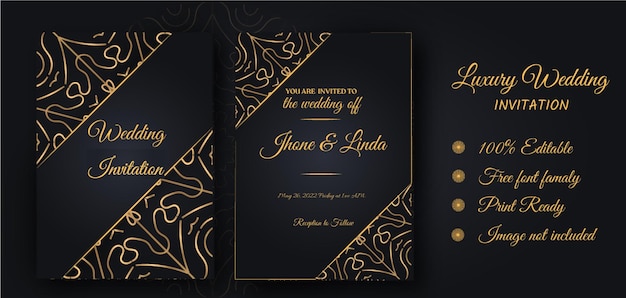 Vector luxury wedding invitation card design and golden color wedding invitation card with premium vector