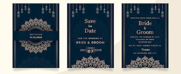 Luxury Wedding Invitation card templates set with lanterns on background color