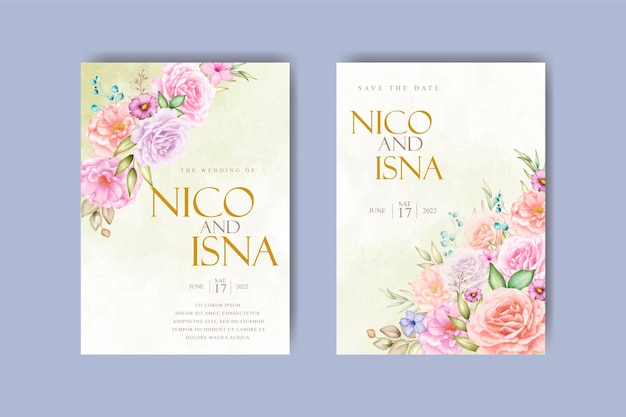 luxury wedding invitation card with beautiful floral and leaves watercolor