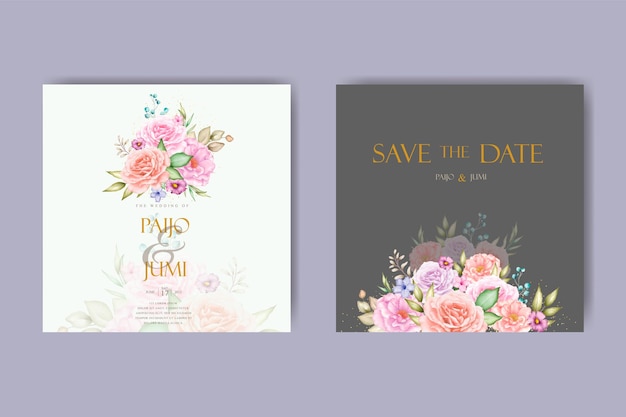 luxury wedding invitation card with beautiful floral and leaves watercolor