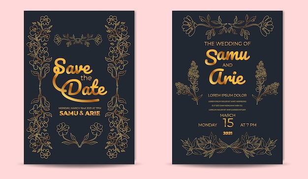 luxury wedding invitation cards template with golden flowers line