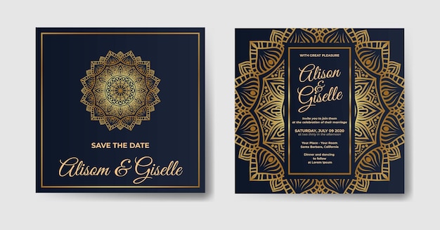 Luxury wedding invitation template with gold mandala decoration