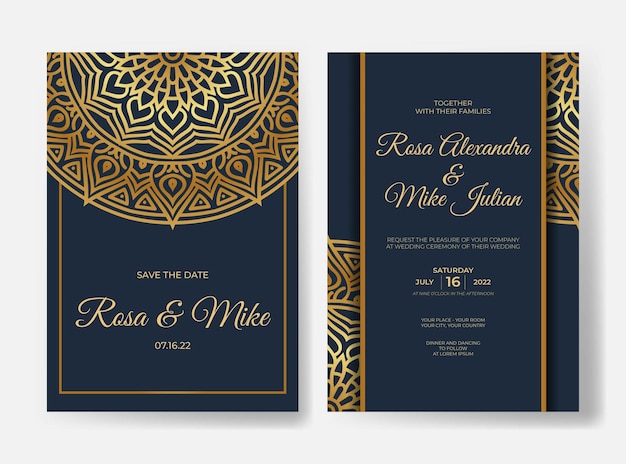 Luxury wedding invitation template with gold mandala decoration