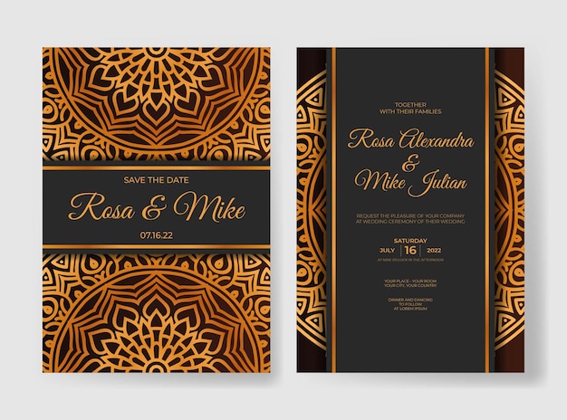 Luxury wedding invitation template with gold mandala decoration