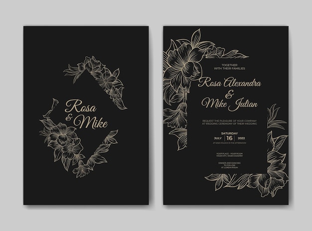 Luxury wedding invitation with beautiful line art flower template