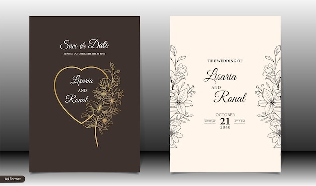 Vector luxury wedding invitation with gold line style minimalist floral premium vector