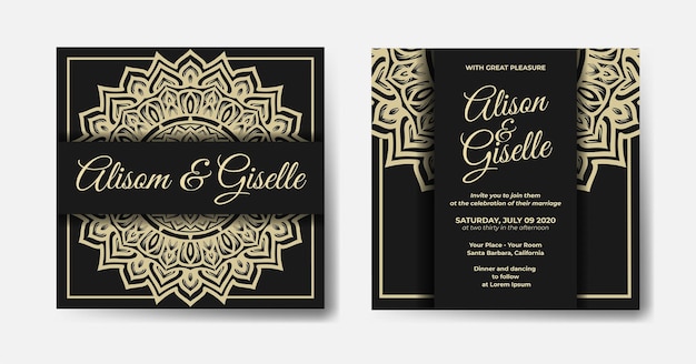 Luxury wedding invitation with gold mandala design