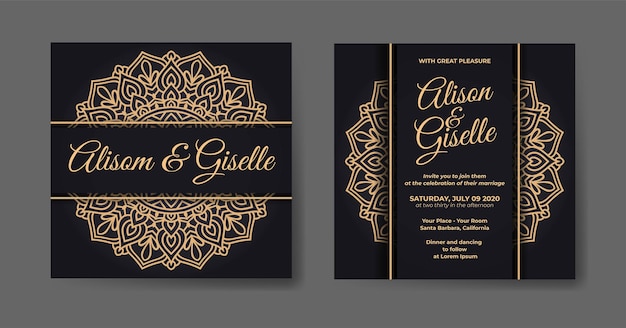 Luxury wedding invitation with gold mandala design