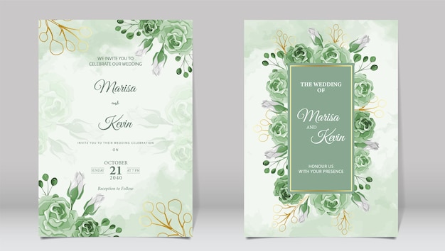 Vector luxury wedding invitation with green roses and watercolor background