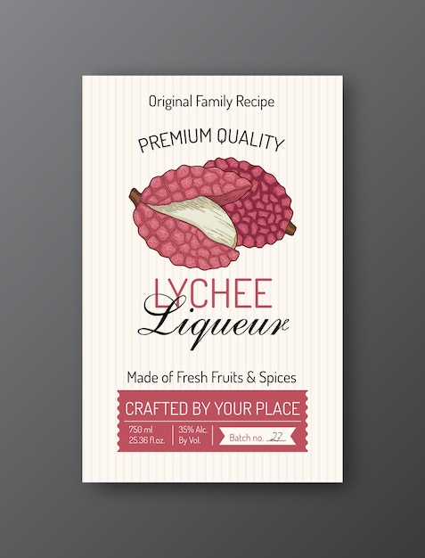 Lychee liqueur alcohol label template Modern vector packaging design layout Isolated