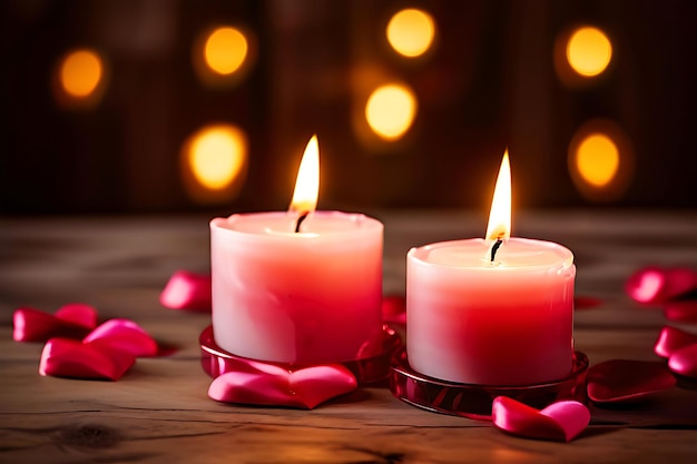 Vector lying down rose flowers with petals and pink candle on mat