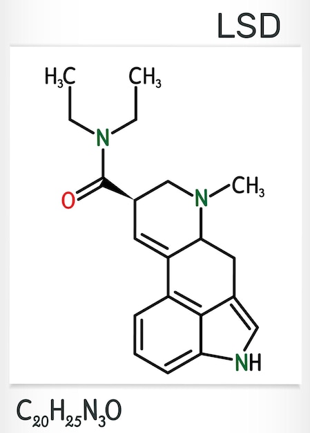 Vector lysergic acid diethylamide lsd molecule it is a hallucinogenic drug structural chemical formula