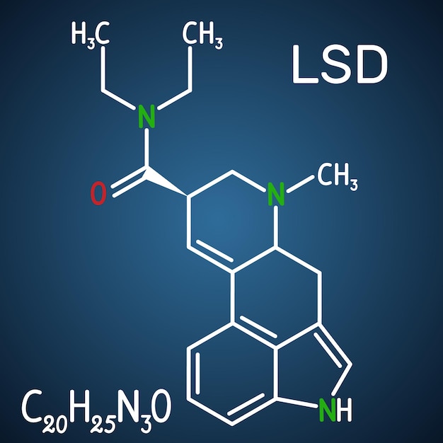 Vector lysergic acid diethylamide lsd structural chemical formula dark blue background