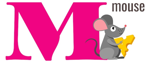 M letter card English vocabulary with funny mouse