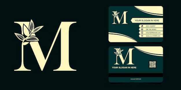 M letter font logo flat with leaf vector logo and business card template.