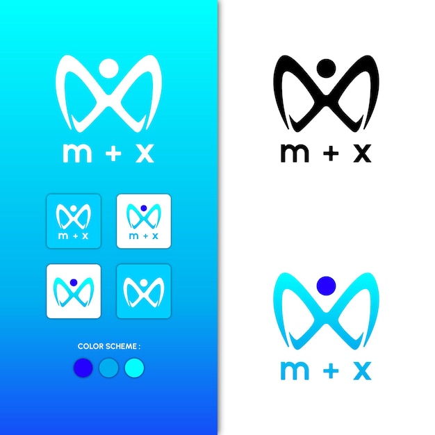 M and X letters logo design that forms the infinity icon and resembles a human