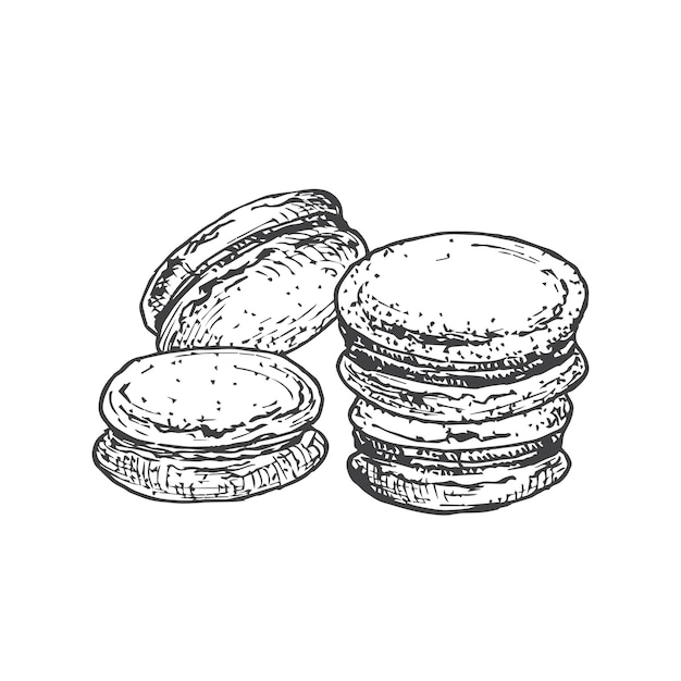 Macarons Sweets Hand Drawn Doodle Vector Illustration. Confectionary Sketch Style Drawing. Isolated.