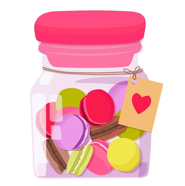 Macaroons in a glass jar.   A container with sweets and a postcard with a heart.