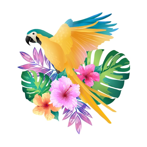 Macaw bird illustration with tropical leaves, and flowers isolated on white background